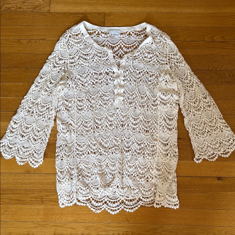 New York & Company Cream Ruffled 3/4 Sleeve Blouse